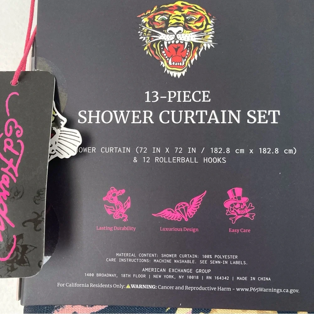 Ed Hardy Black & White Checkerboard Shower Curtain with Red Roses NEW
